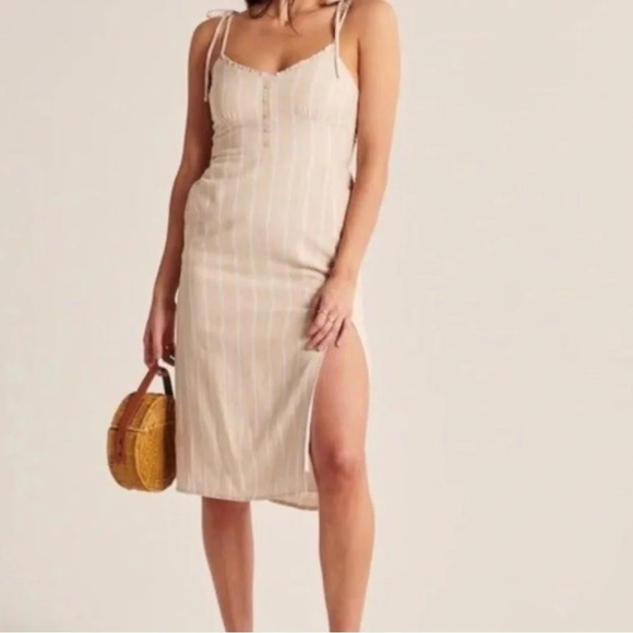 Abercrombie & Fitch Tie Strap Striped Linen Blend Midi Dress - Picture 1 of 7